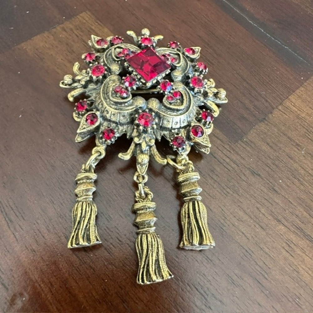 Vintage Style Red Rhinestone Gold Tone Tassel Brooch Renaissance Revival Pin